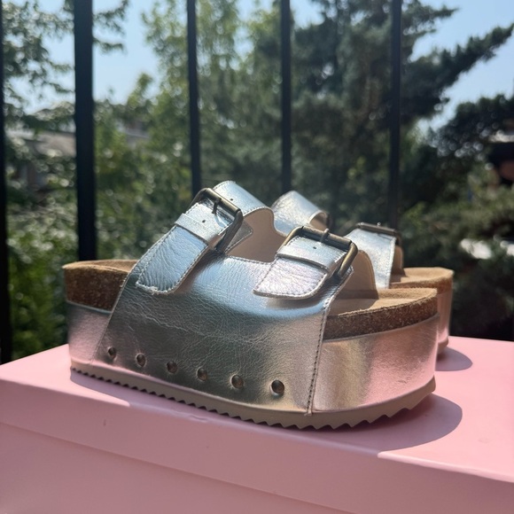 New Free People Rule Breaker Flatform Sandal Shoes Platform Silver Metallic 39 - Picture 5 of 12